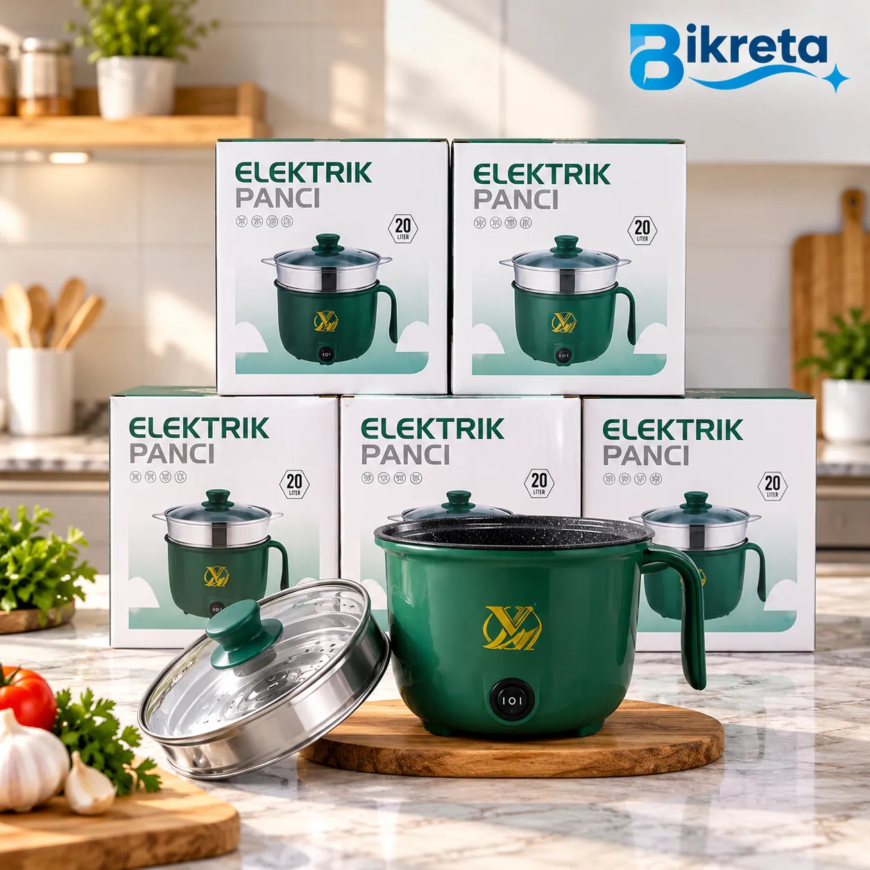 Sio Electric Panci 20cm Multipurpose Electric Cooking Pot with Steamer & Glass Lid