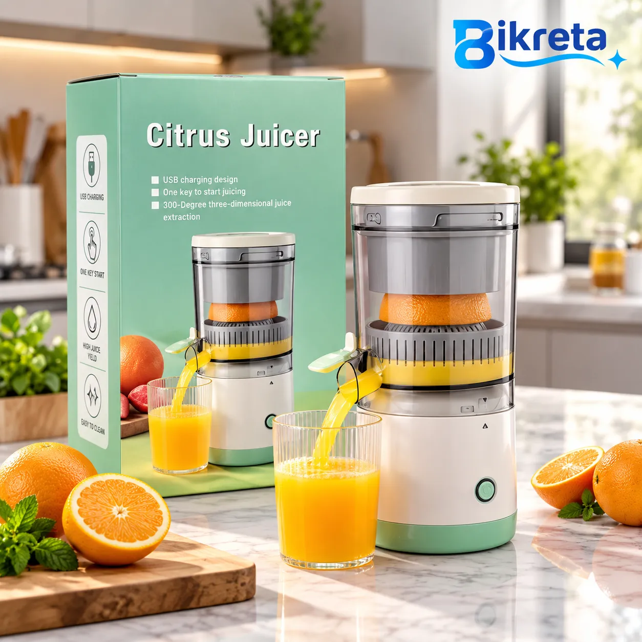 USB Rechargeable Citrus Juicer with One-Touch Operation & 300° Juice Extraction