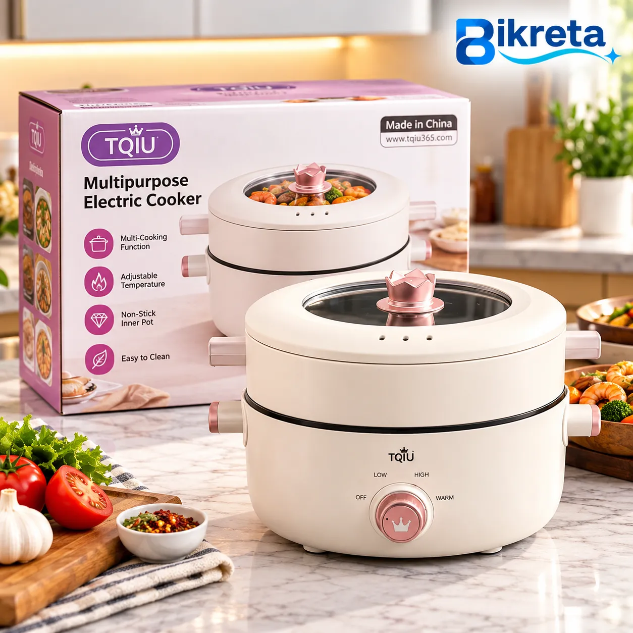 TQIU Multifunction Electric Cooker with Steamer, Glass Lid & Adjustable Heat Control