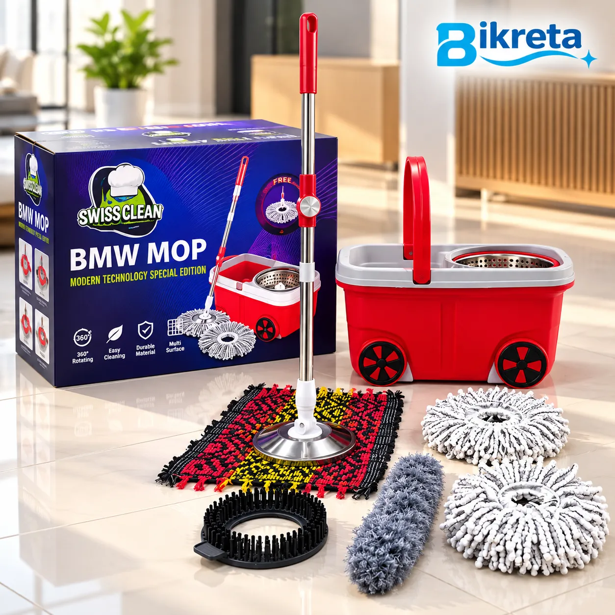 Swiss Clean BMW Mop Spin Mop Set with Bucket, Wheels & Multiple Mop Heads