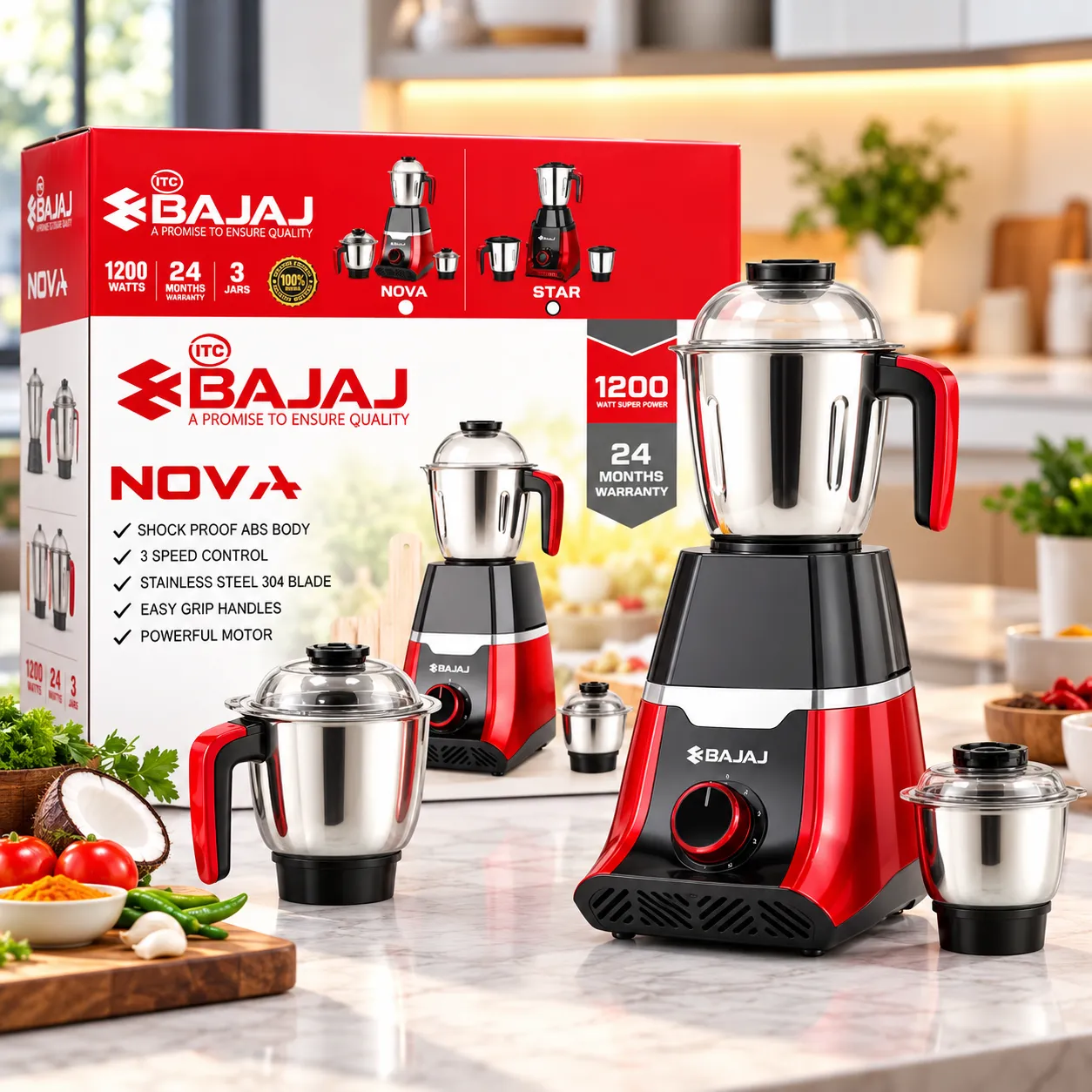 Bajaj Nova 1200W Mixer Grinder with 3 Stainless Steel Jars, 3-Speed Control